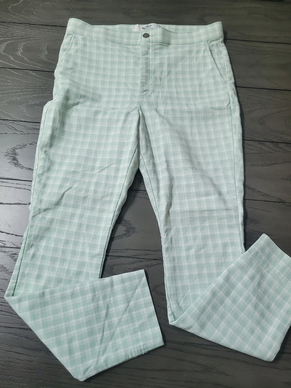 Hollister ultra high-rise tapered ankle pants in a light green and white plaid p